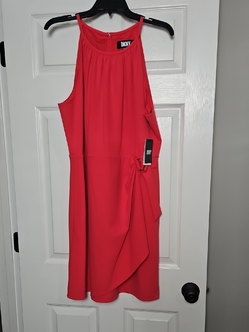 DKNY Sleeveless Halter Faux Wrap Dress:  Melon Color: Size- 16